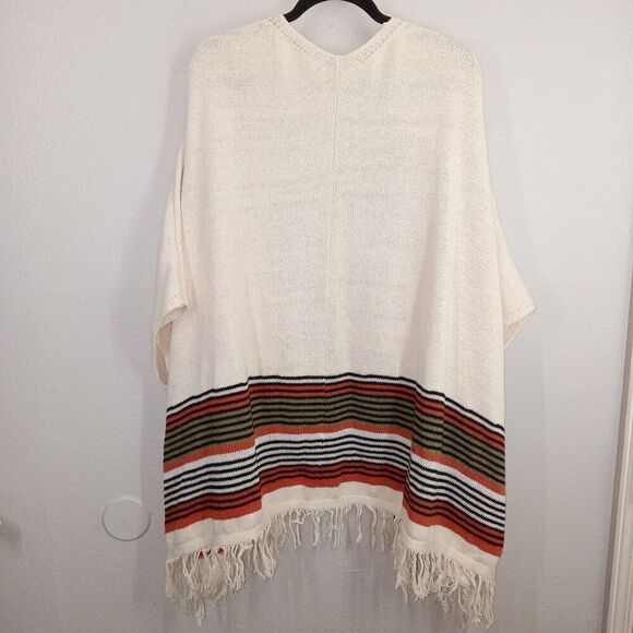 Easel Beige Striped Mid-Weight Knit Fringed Open Cardigan Poncho Western Small - Picture 5 of 8